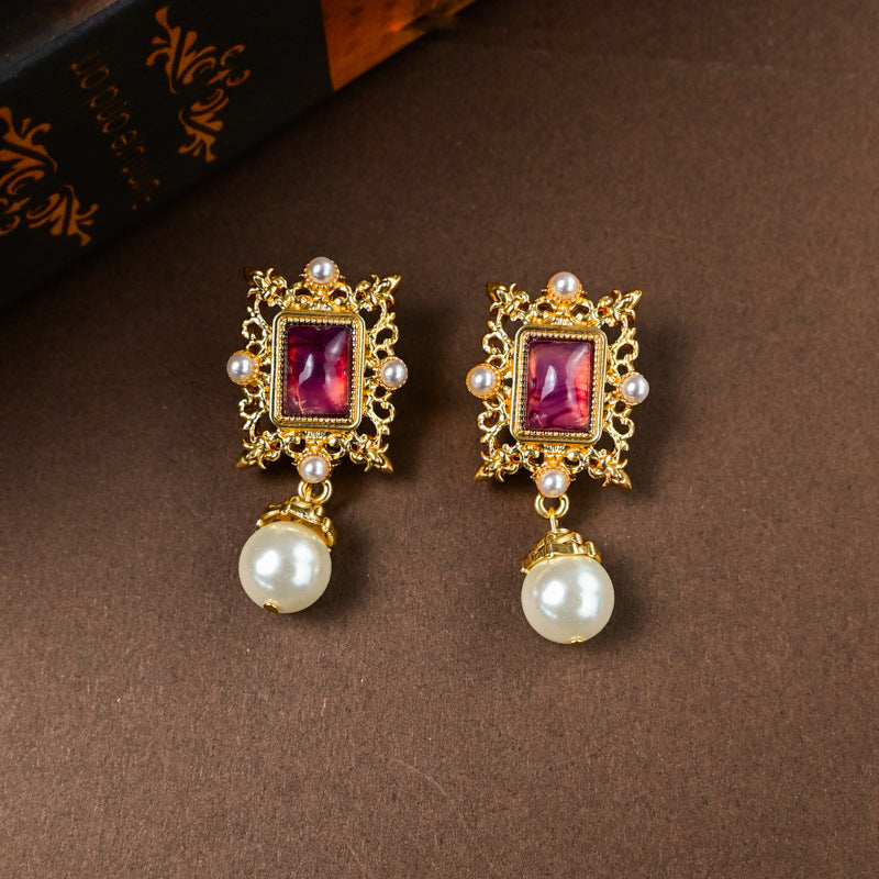 Purple Crystal Pearl Vintage Earrings