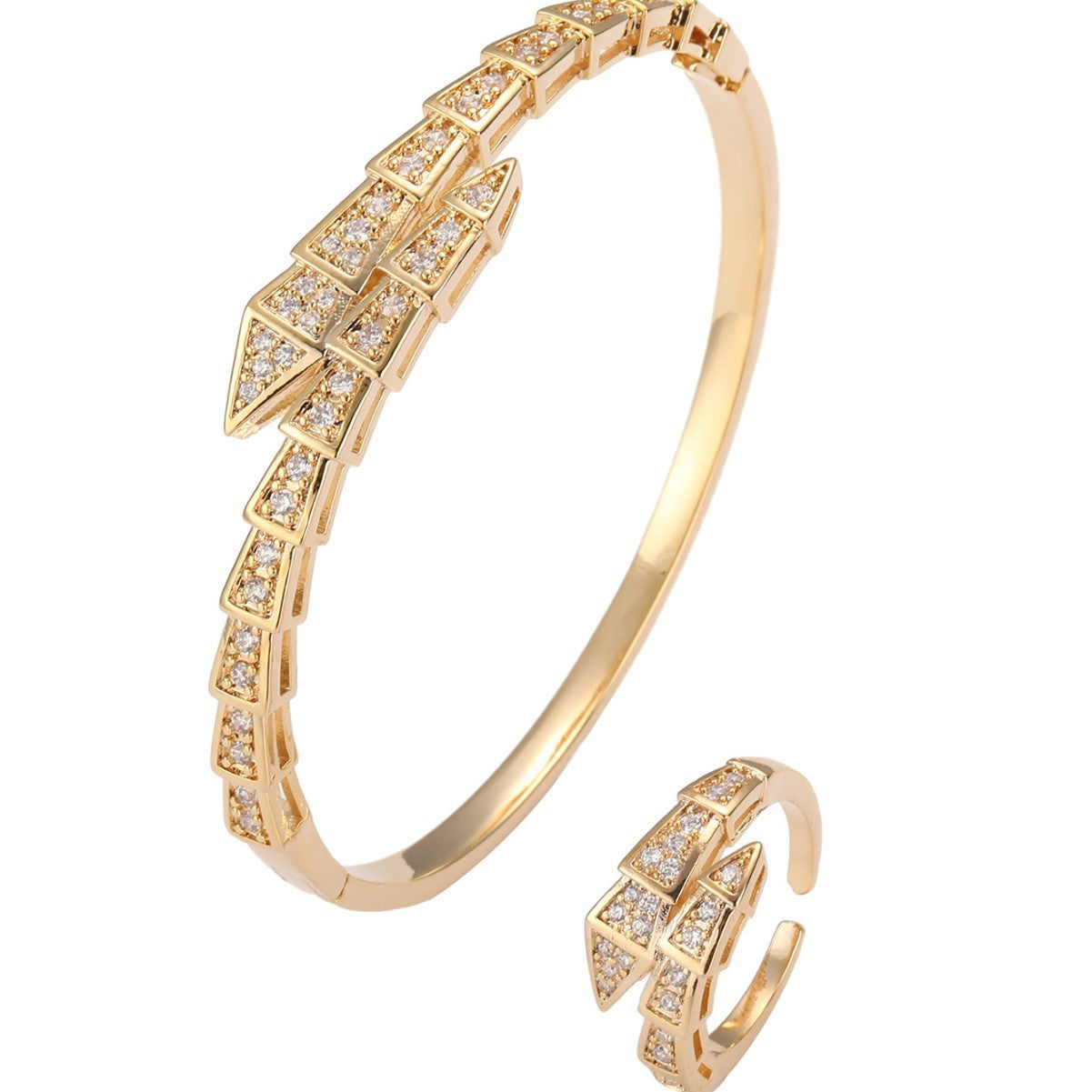 Snake-shaped zircon bracelet and ring set