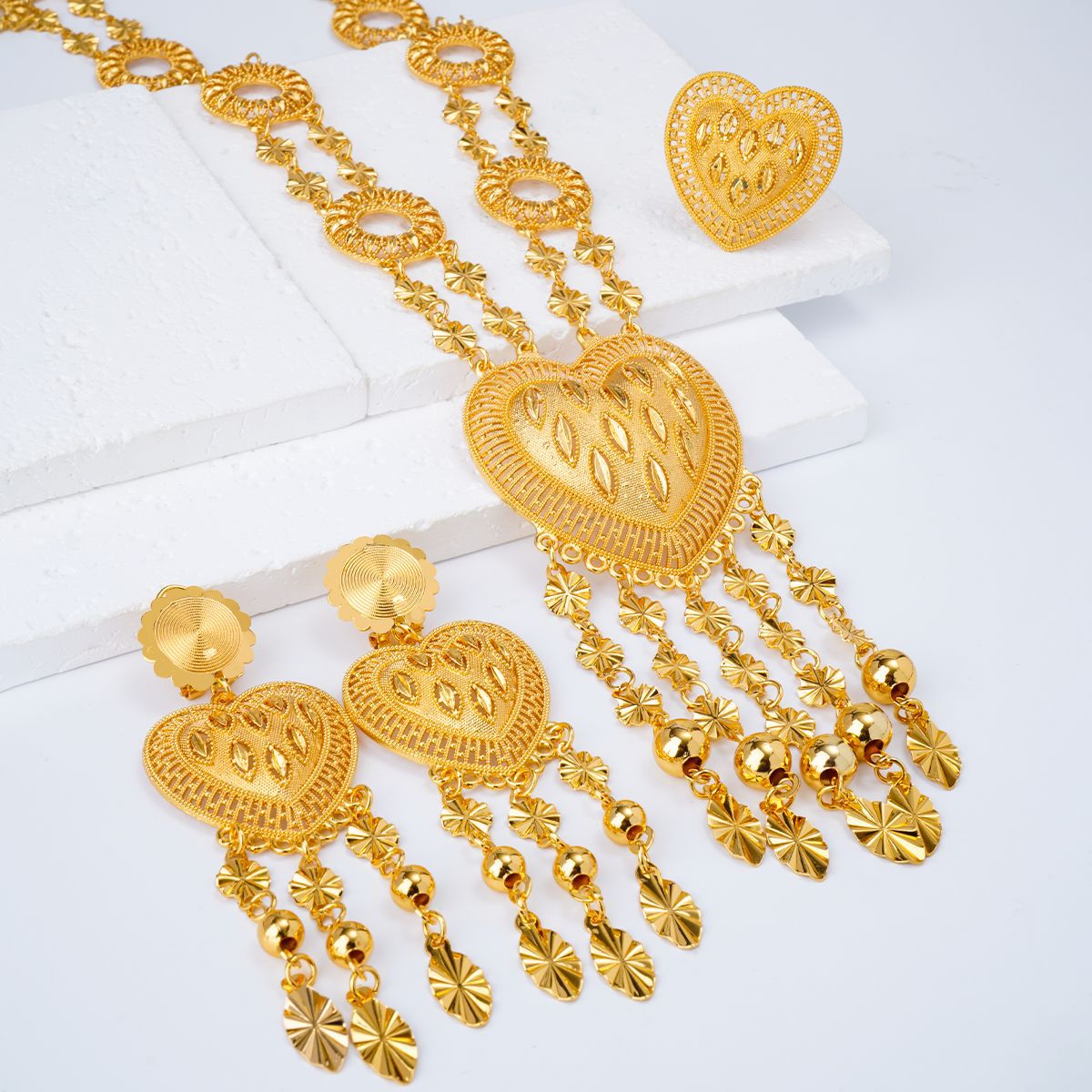 24K gold-plated flower necklace, pendant and earring set