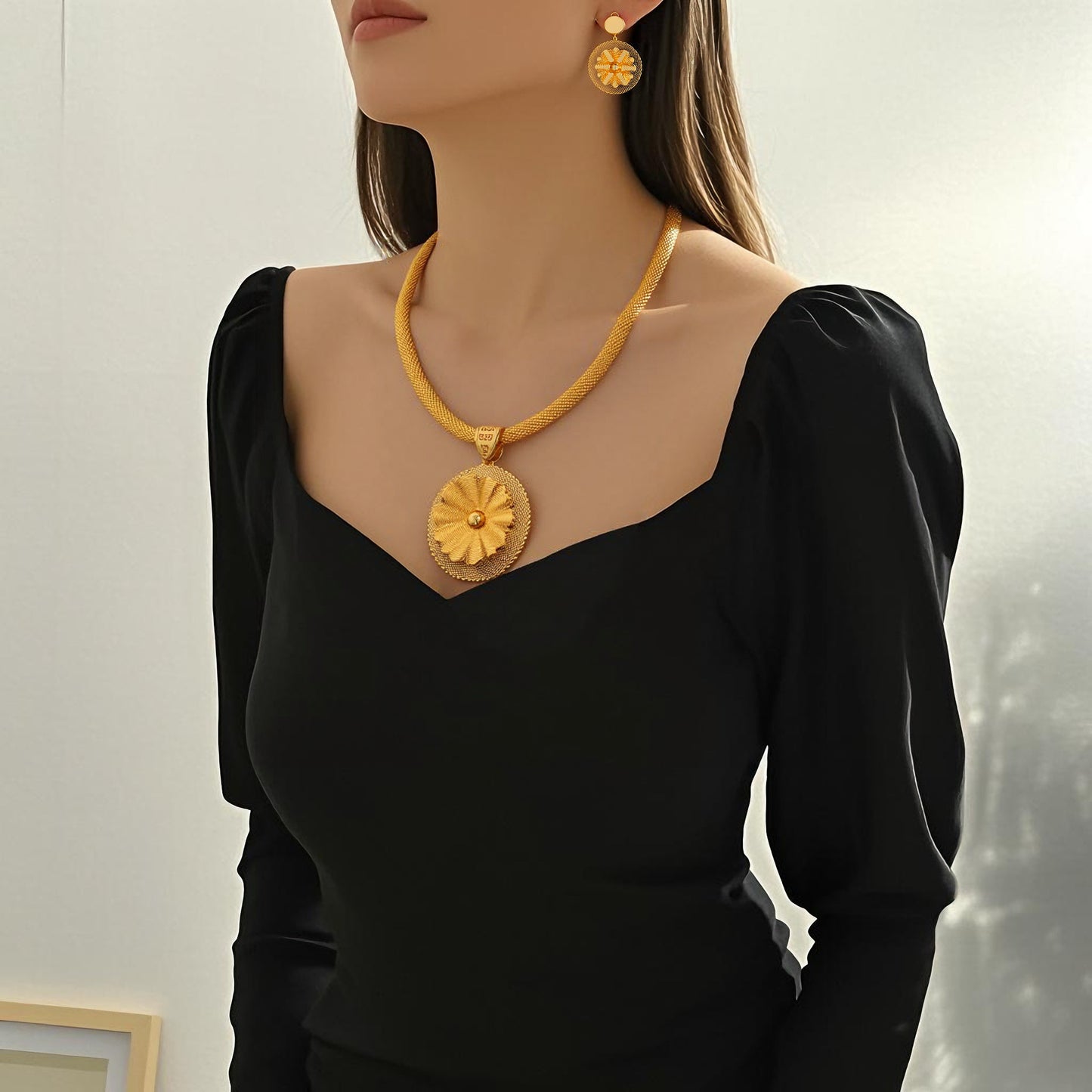 Gold Flower Necklace and Earrings Jewelry Set