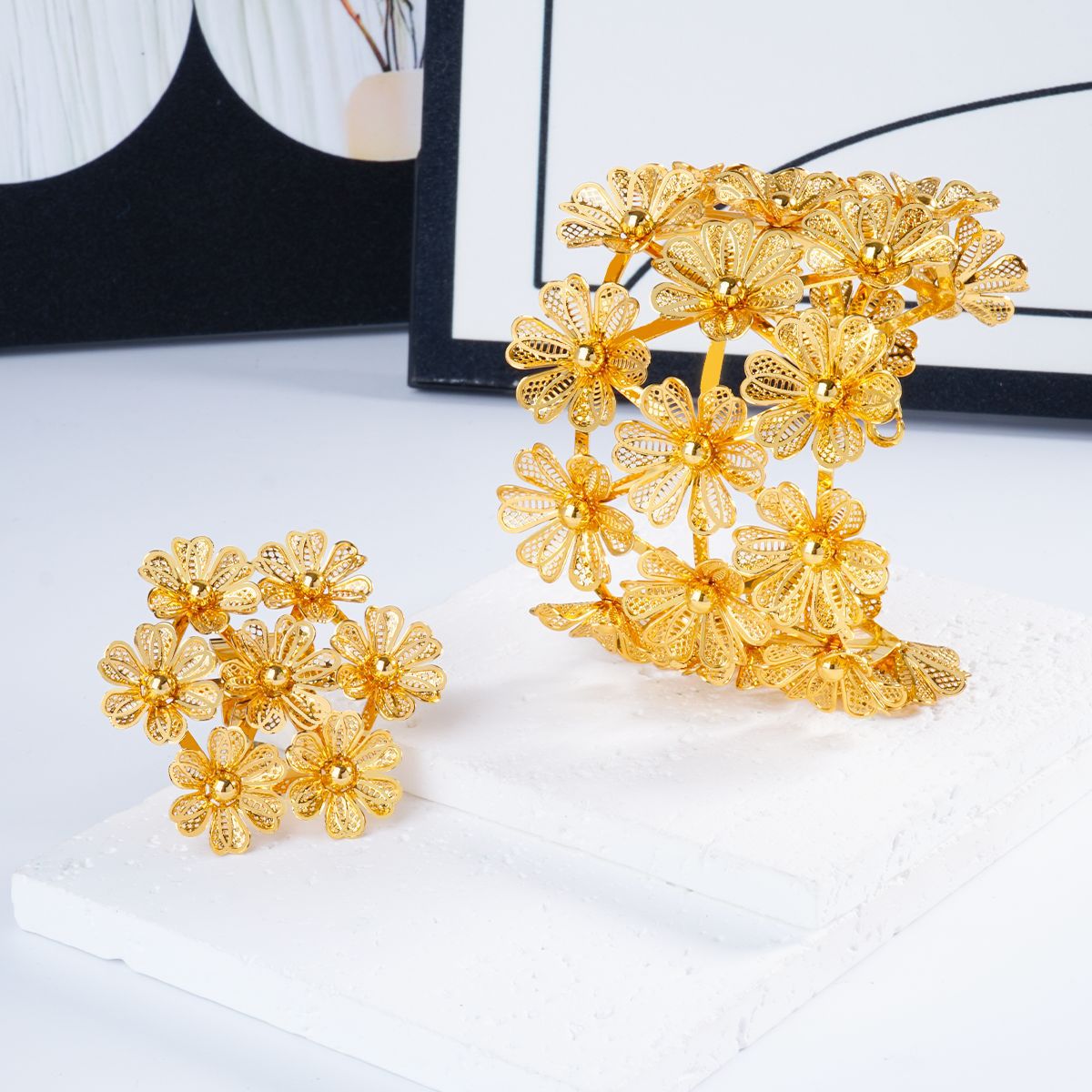 Three-dimensional flower large bracelet and ring jewelry set