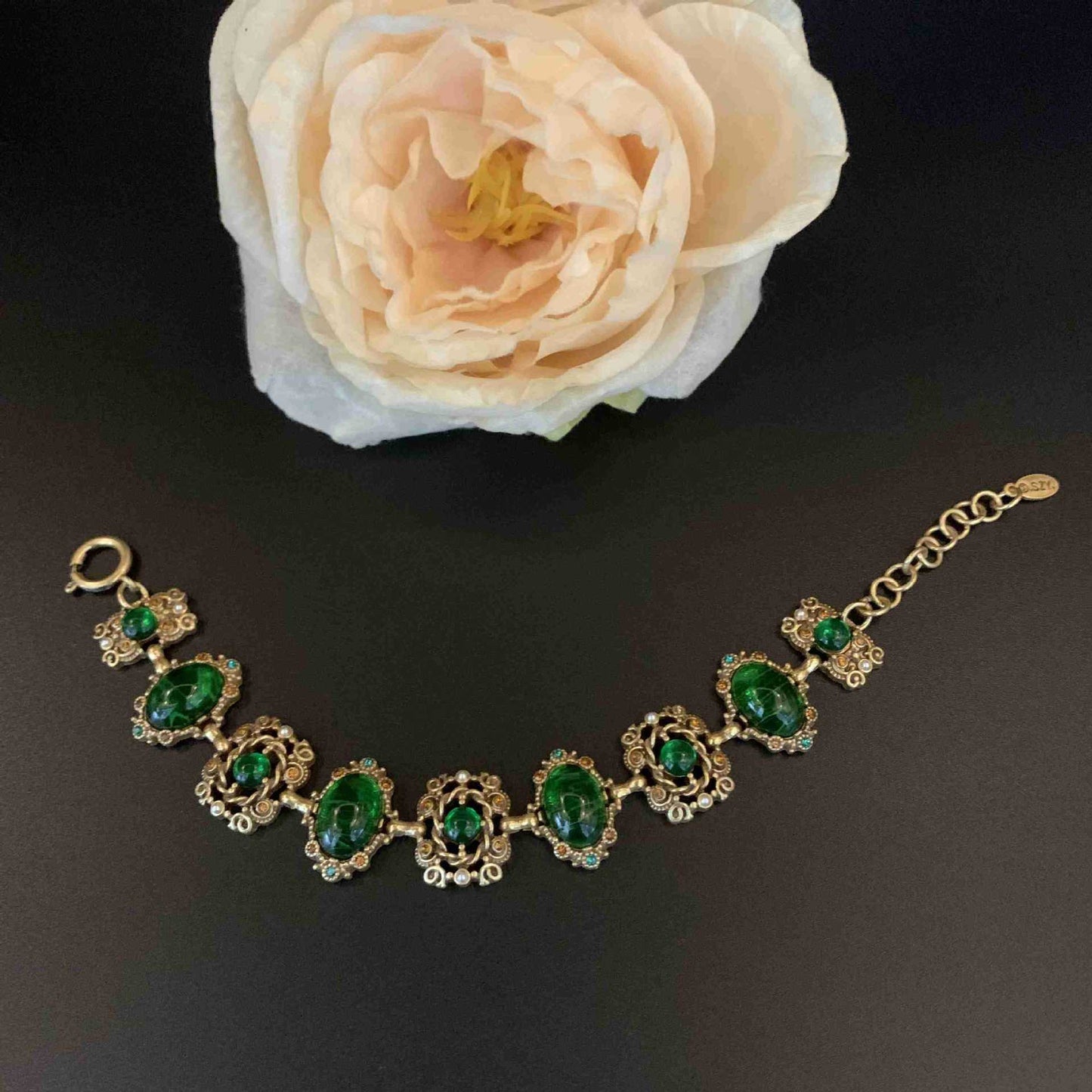 Gold-plated green glass hollow diamond necklace, bracelet and earring set
