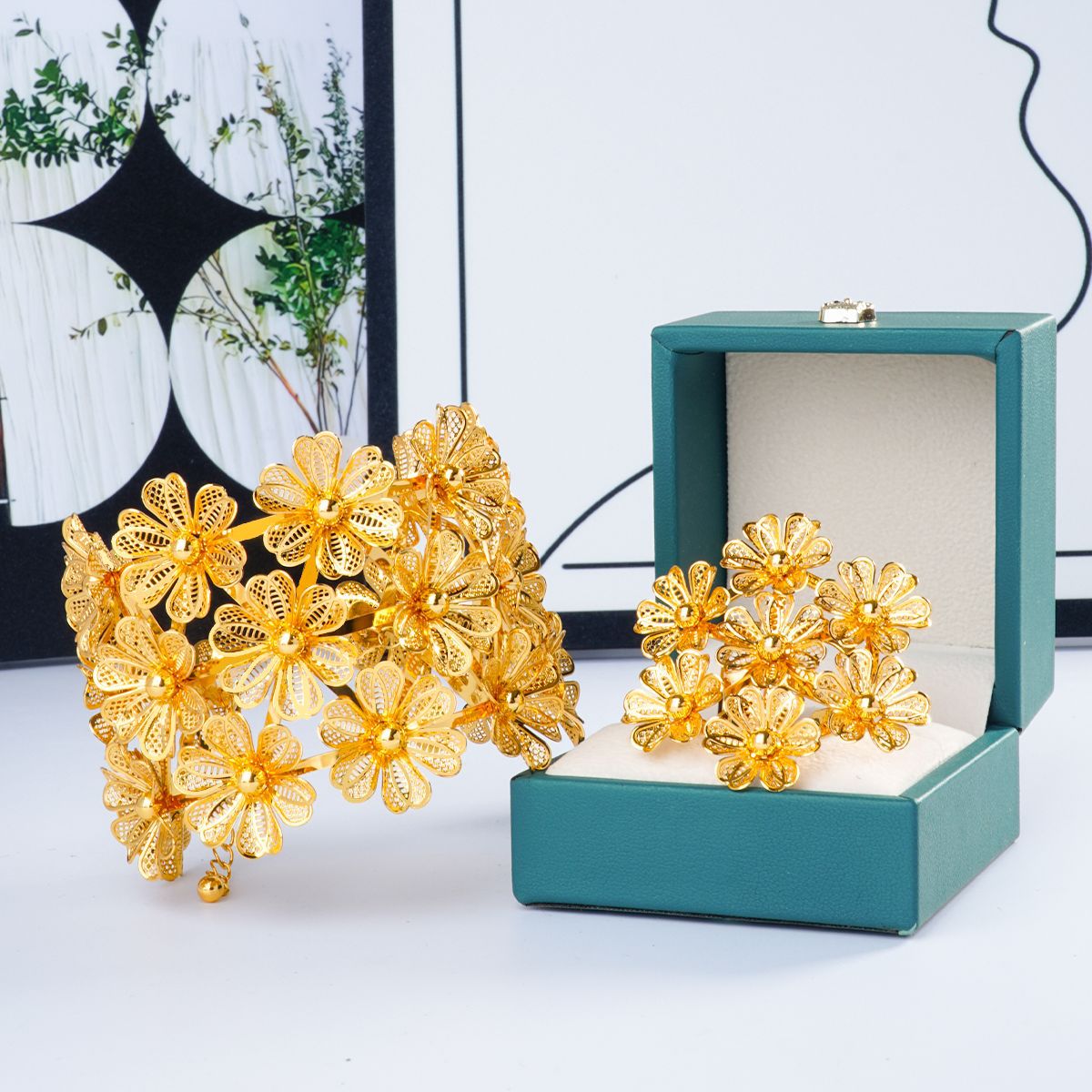 Three-dimensional flower large bracelet and ring jewelry set
