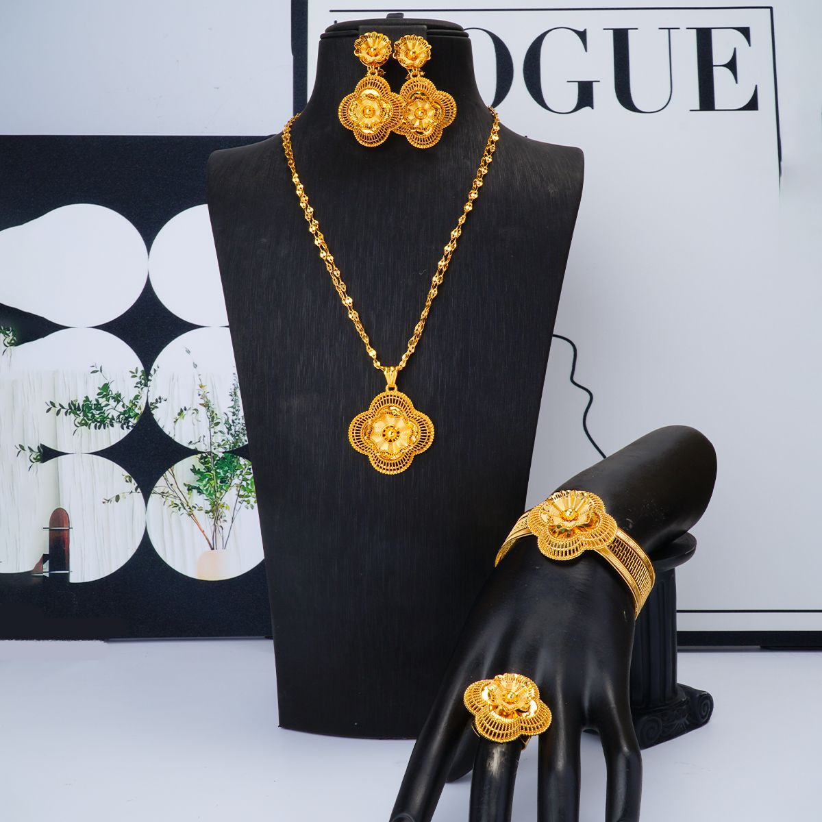 24K gold-plated flower hollow necklace, bracelet, ring and earring set