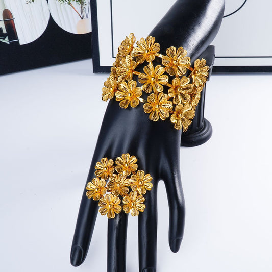 Three-dimensional flower large bracelet and ring jewelry set