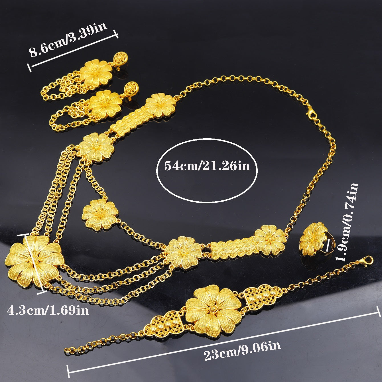 24K gold-plated flower necklace, ring, bracelet and earring set