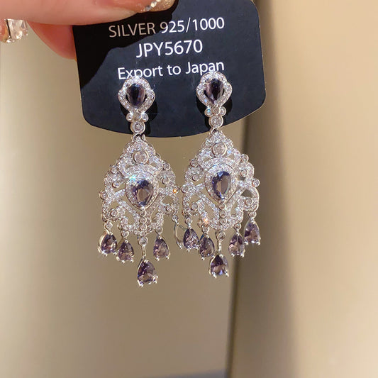 Silver Needle Super Shiny Light Luxury Style Zircon Water Drop Tassel Earrings