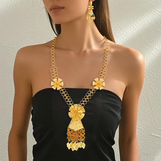 24k gold hollow flower earrings and necklace set