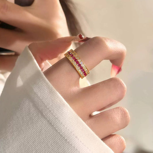 Ruby triple row diamond ring