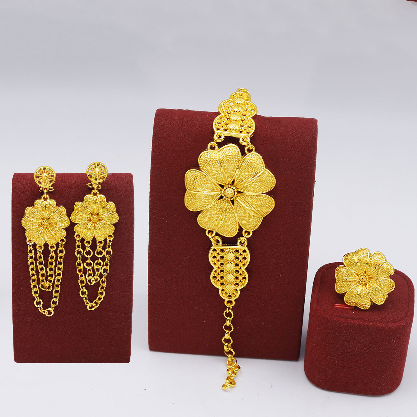 24K gold-plated flower necklace, ring, bracelet and earring set