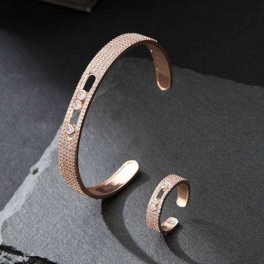 Flexible and removable three-diamond zircon bracelet and ring set