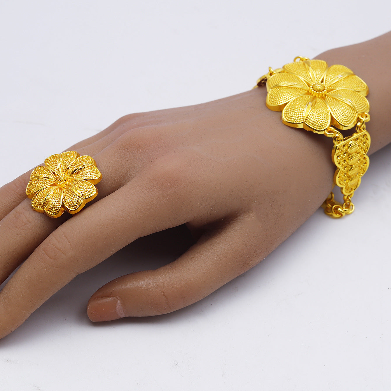 24K gold-plated flower necklace, ring, bracelet and earring set