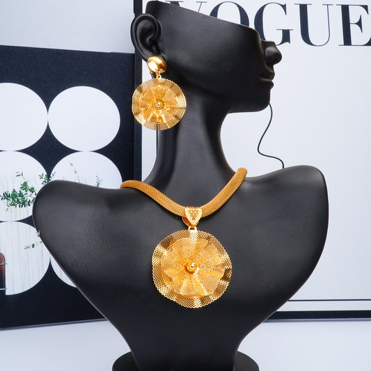 Gold Flower Necklace and Earrings Jewelry Set
