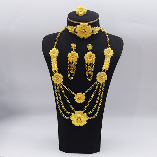 24K gold-plated flower necklace, ring, bracelet and earring set