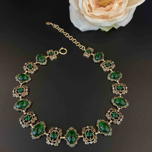 Gold-plated green glass hollow diamond necklace, bracelet and earring set