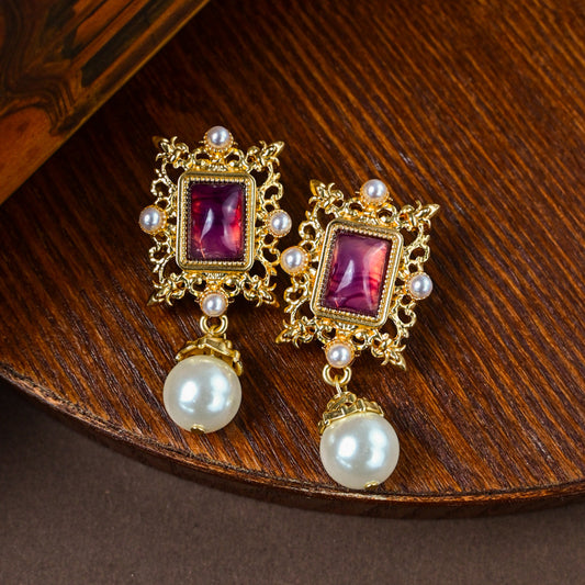 Purple Crystal Pearl Vintage Earrings