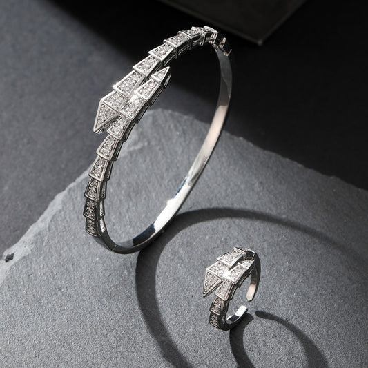 Snake-shaped zircon bracelet and ring set
