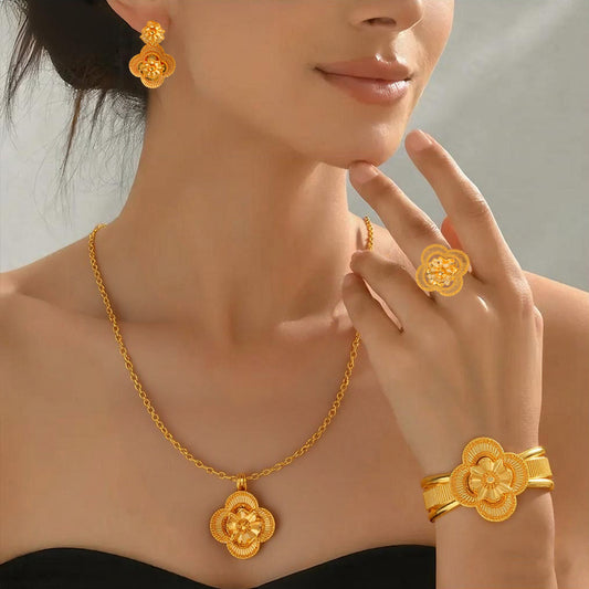 24K gold-plated flower hollow necklace, bracelet, ring and earring set