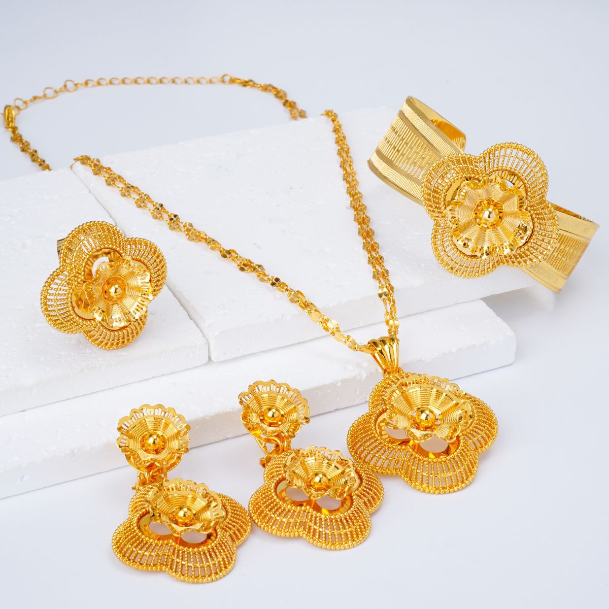 24K gold-plated flower hollow necklace, bracelet, ring and earring set