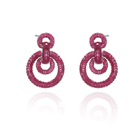 Silver Earring Round Double Round  Circlering Wine Red Pendant Style