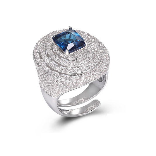 Silver ring with blue gemstones suitable for weddings